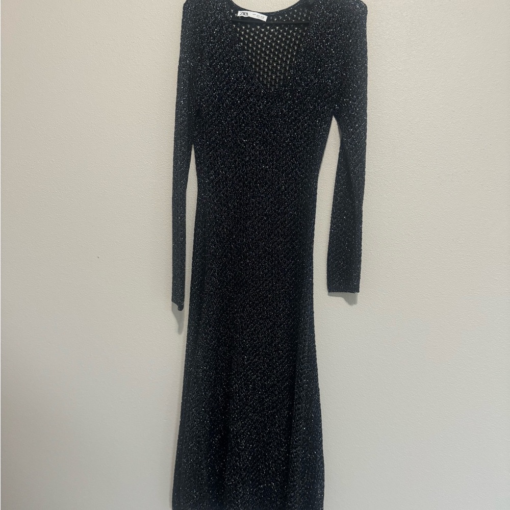 Zara Knit Max Black Dress with Metallic Silver Thread See-through dress